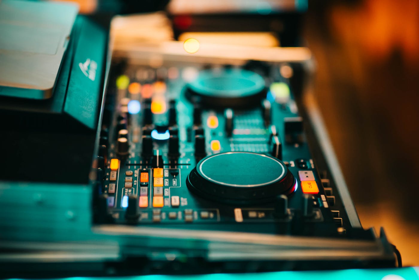 Close-up of professional audio mixer controls